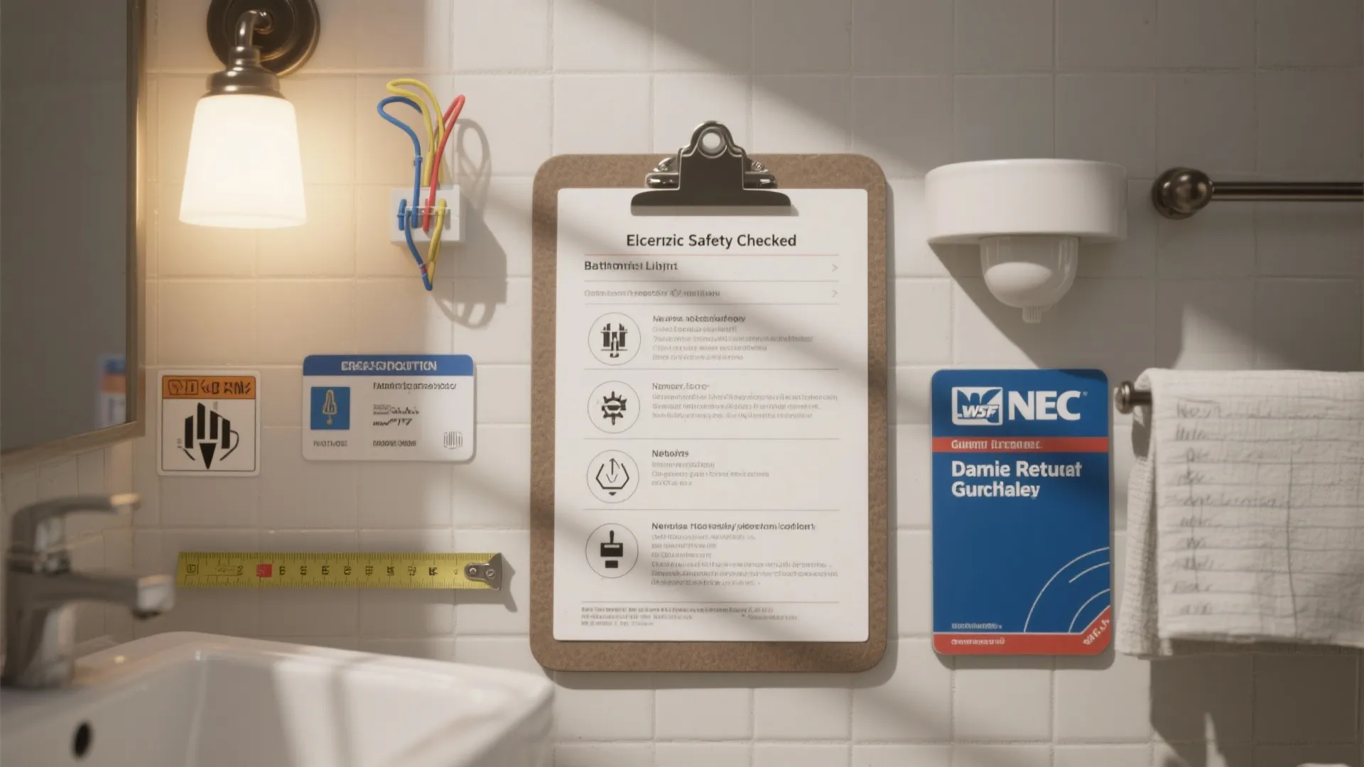 Safety check list on a clipboard hanging on a white tiled wall inside a bathroom