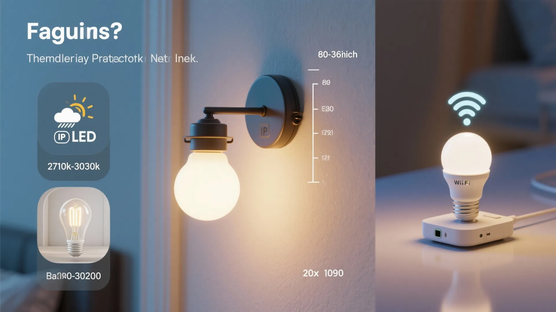 Smart wall light fixture and wifi light bulb showing various technical lighting features and product specifications