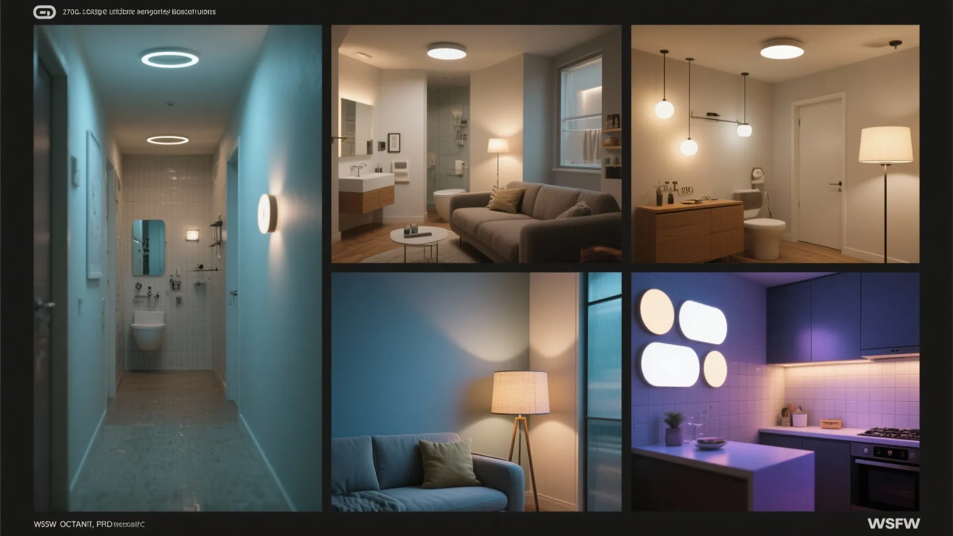 Collage of small-room lighting examples including slim discs, a bathroom flush, a drum shade, and a multi-light panel.