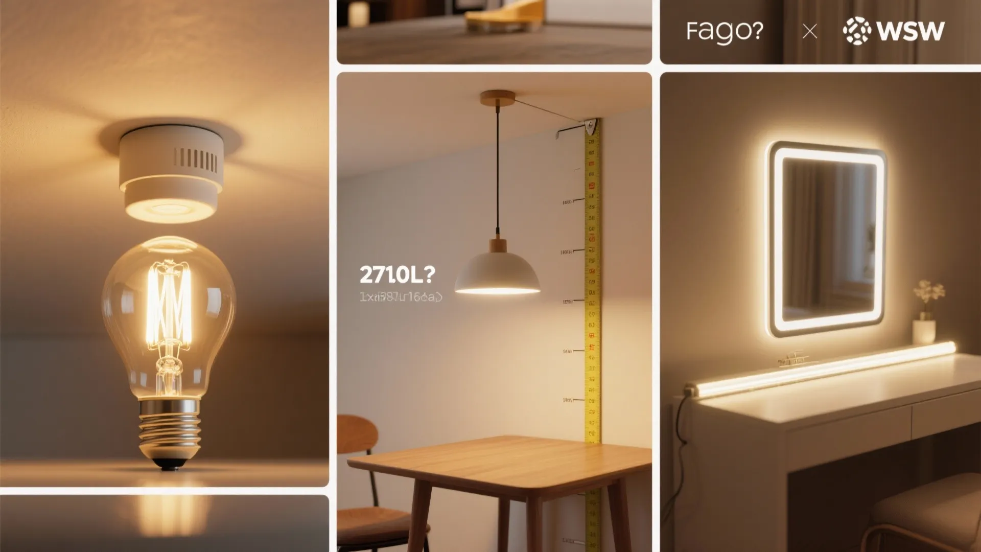 Collage of lighting FAQ visuals: warm bulb, recessed light, pendant height, mirror reflection, and LED strip diffuser.