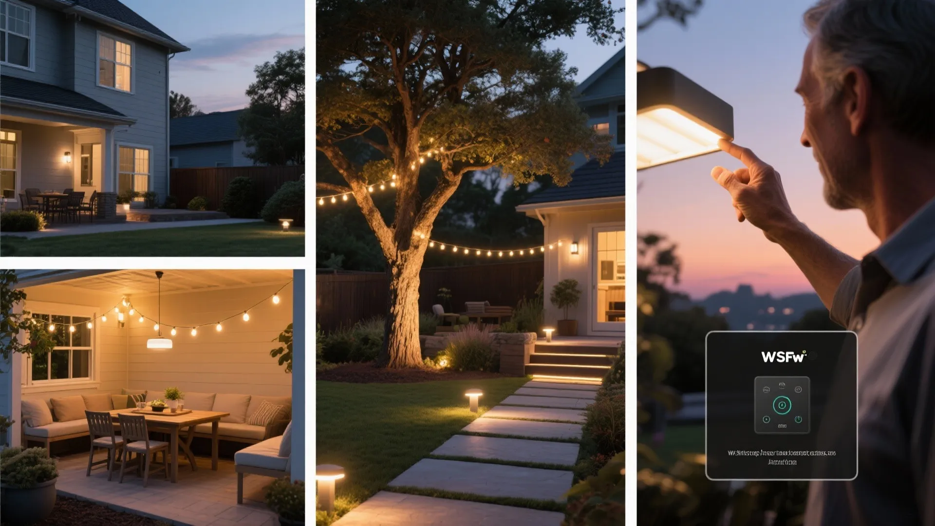 Collage of small outdoor lighting scenarios including string lights, path LEDs, uplighting and smart controls