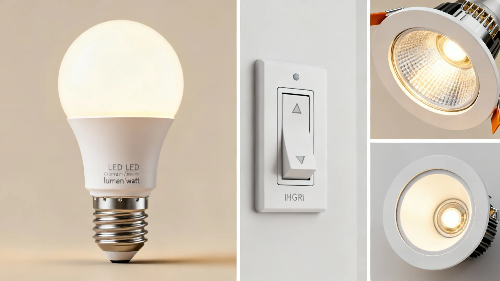Collage of LED bulb, dimmer switch, CRI sample, and adjustable recessed trim for lighting FAQs.