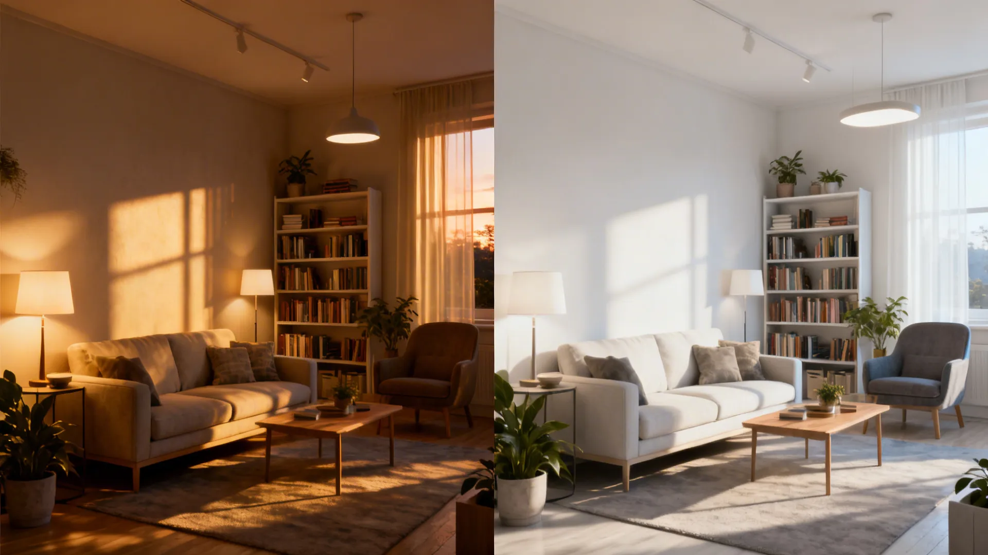 Split-view comparison of warm evening lighting and neutral daytime lighting in the same small living room.