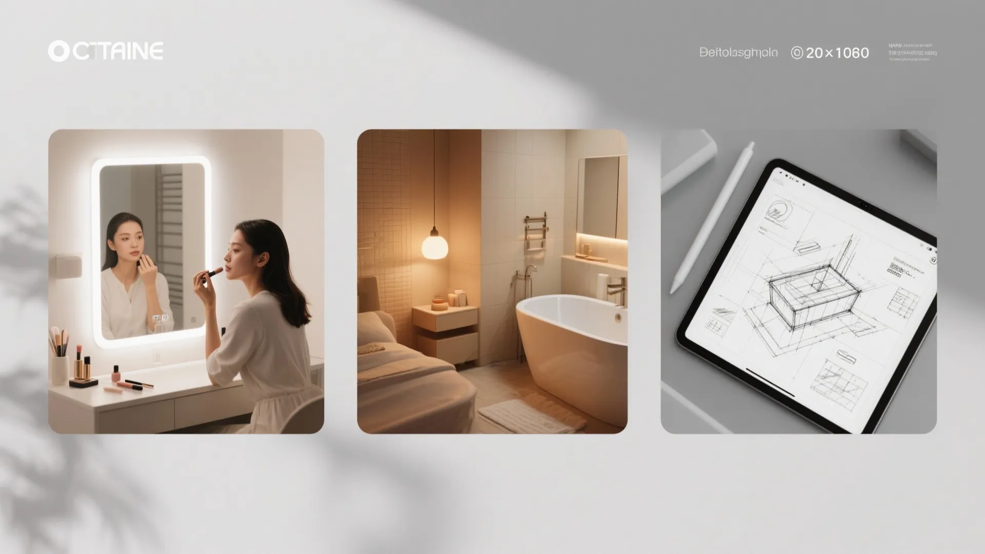Composite image showing woman applying makeup and a modern bathroom design with an interior sketch