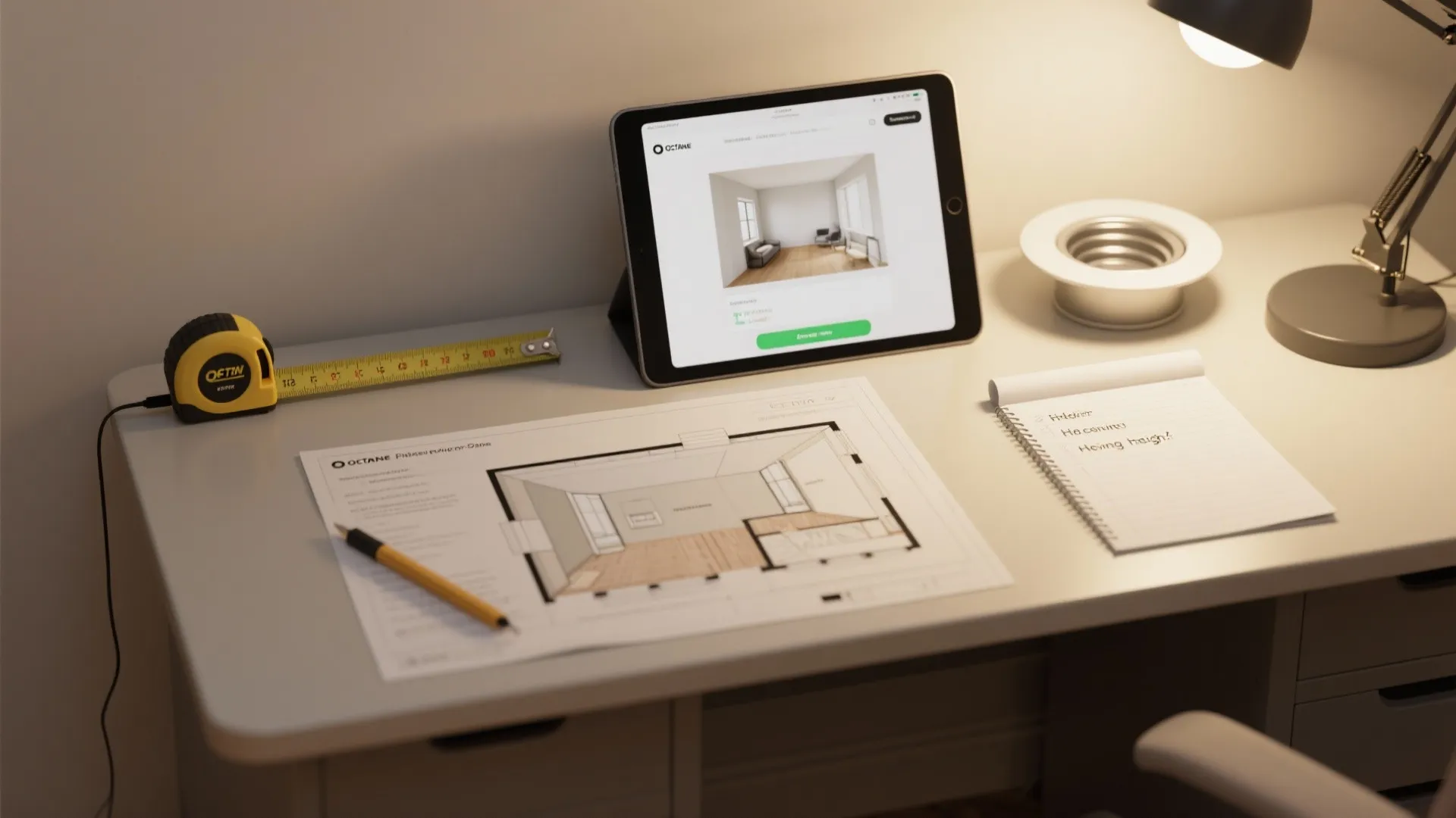 Desk with room planner mockup, tape measure, and recessed can sample for lighting layout experiments.
