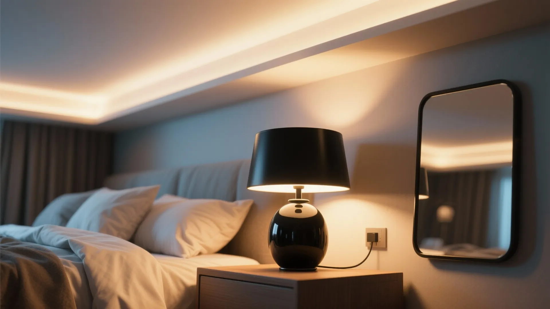 Modern bedroom with black table lamp on wooden nightstand beside grey bed with white pillows