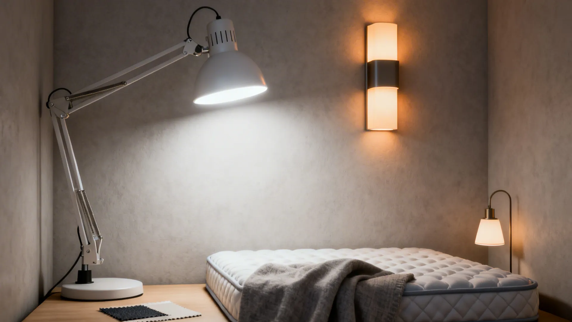 Layered lighting examples including a task lamp and warm dimmable sconce beside a mattress topper swatch.