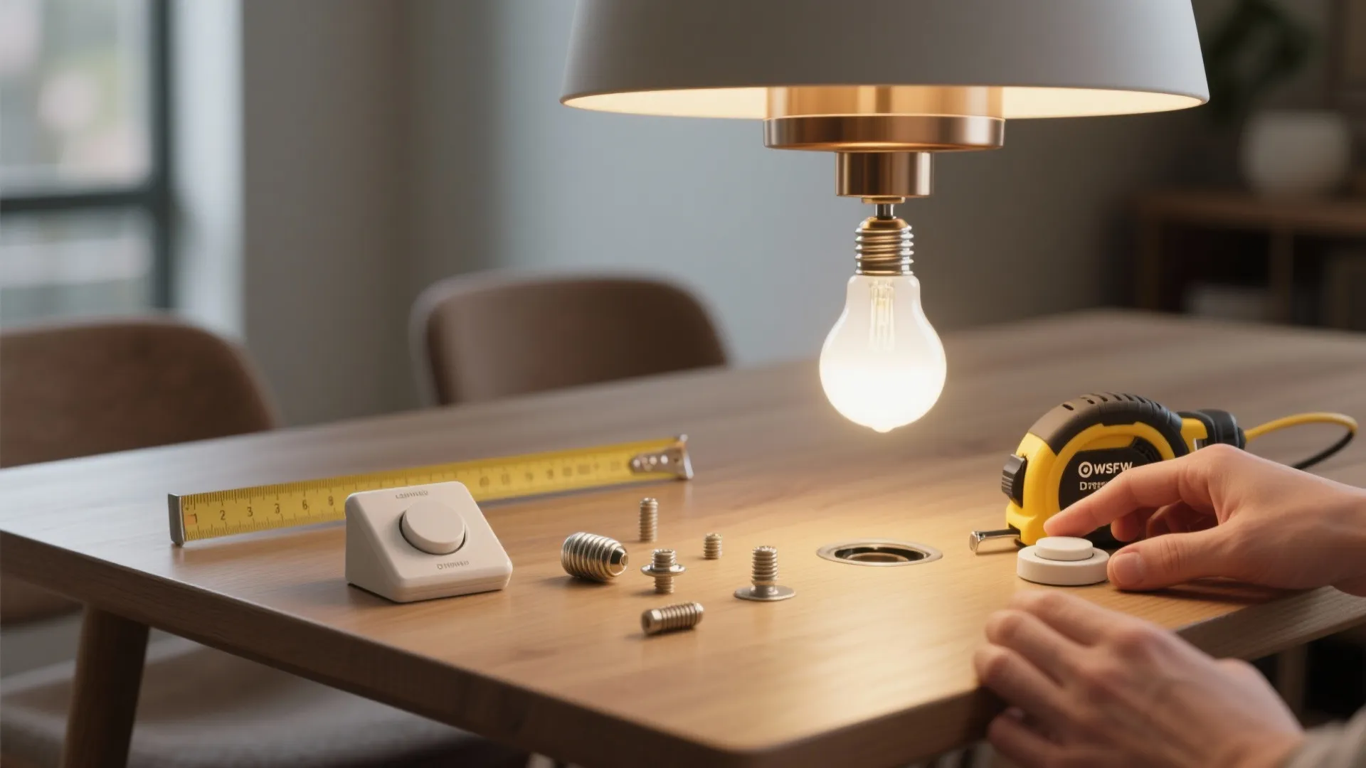Worker hands measuring light fixture parts on wooden table with yellow tape measure and bulb
