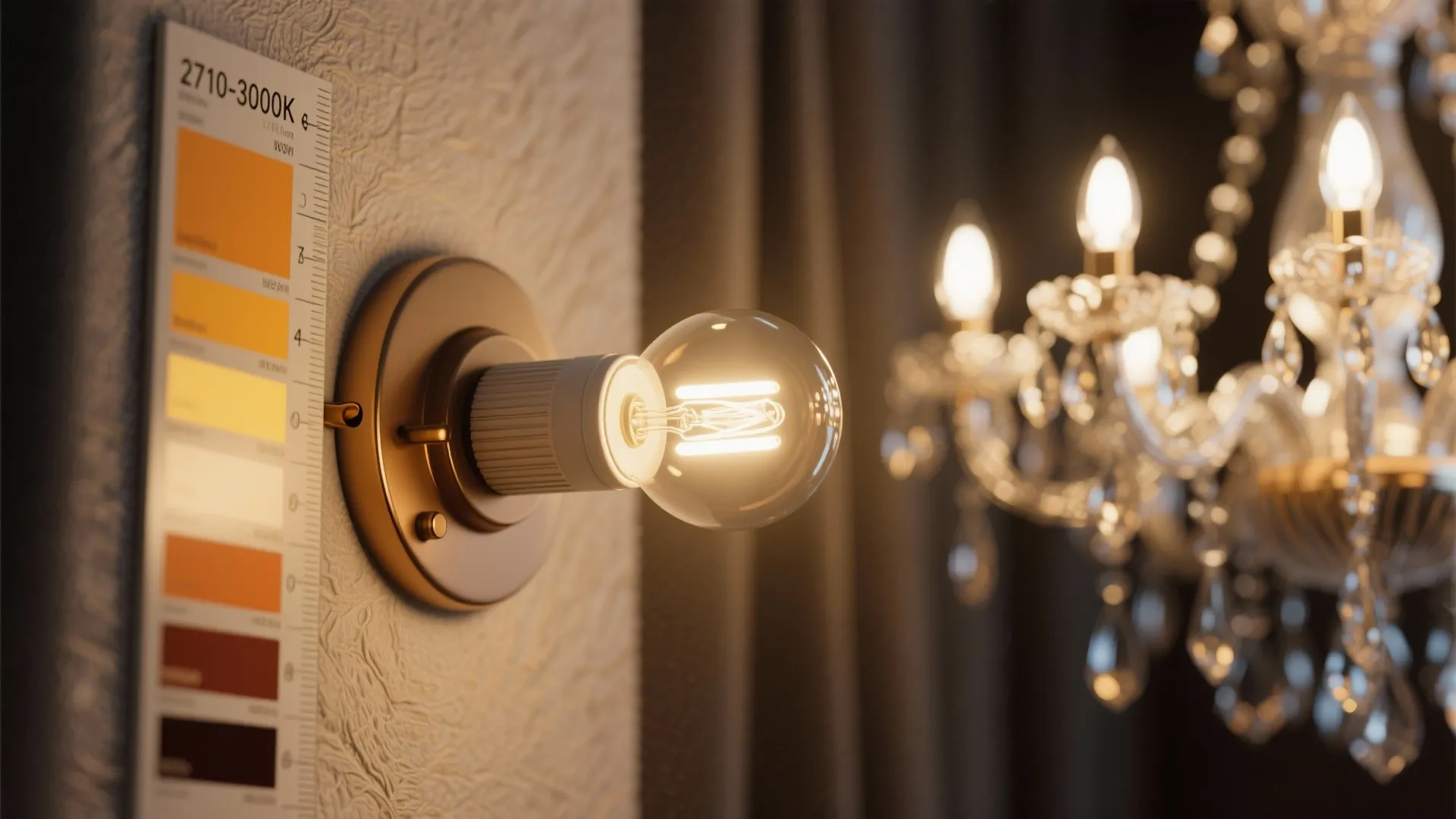 Close-up of LED bulb, warm temperature swatches, and a measuring tape illustrating fixture sizing