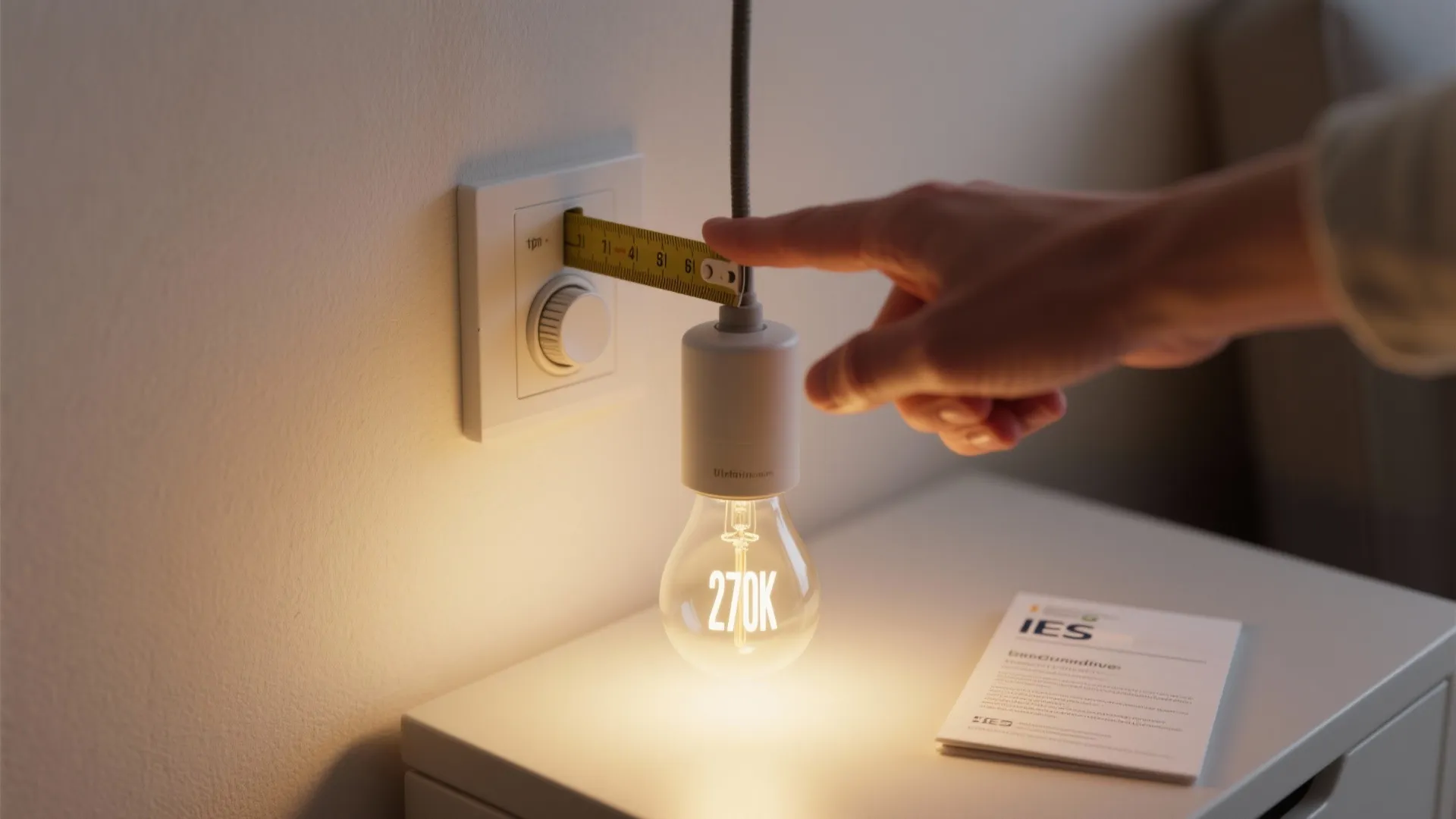 Close-up of measuring pendant height, dimmer control, and warm 2700K LED bulb illustrating practical FAQ tips.