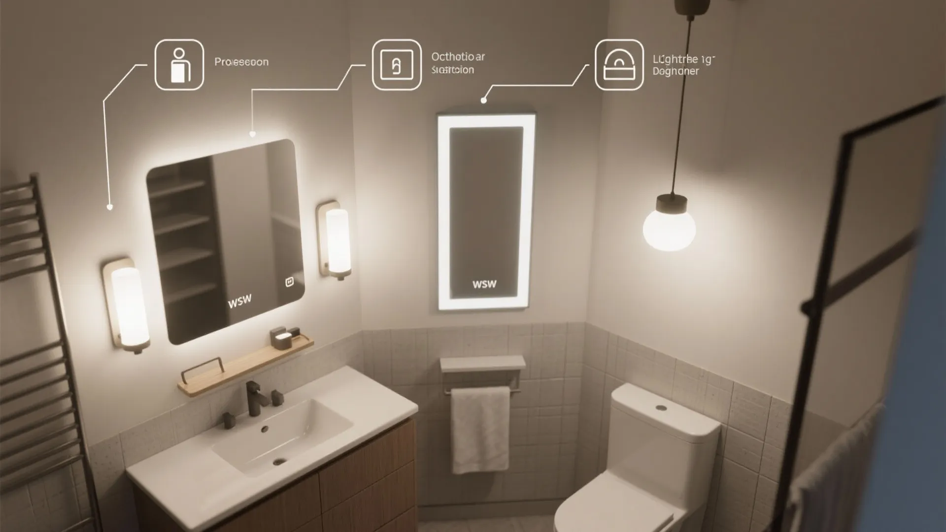 Top-down diagram of lighting placement options for a small bathroom.