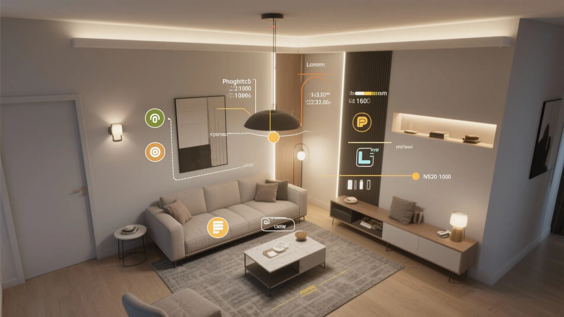 Annotated diagram of lighting zones and guidance for pendant height and lumen targets in a small living room.