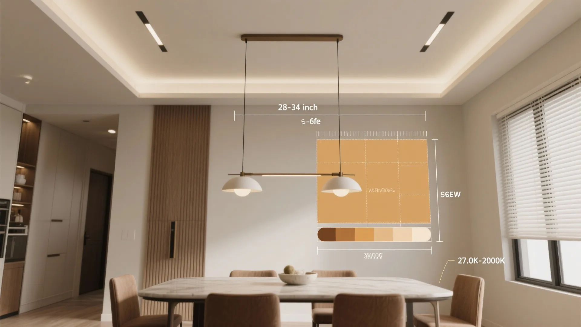 Top-down visualization showing pendant height, recessed spacing and warm color temperature guidance