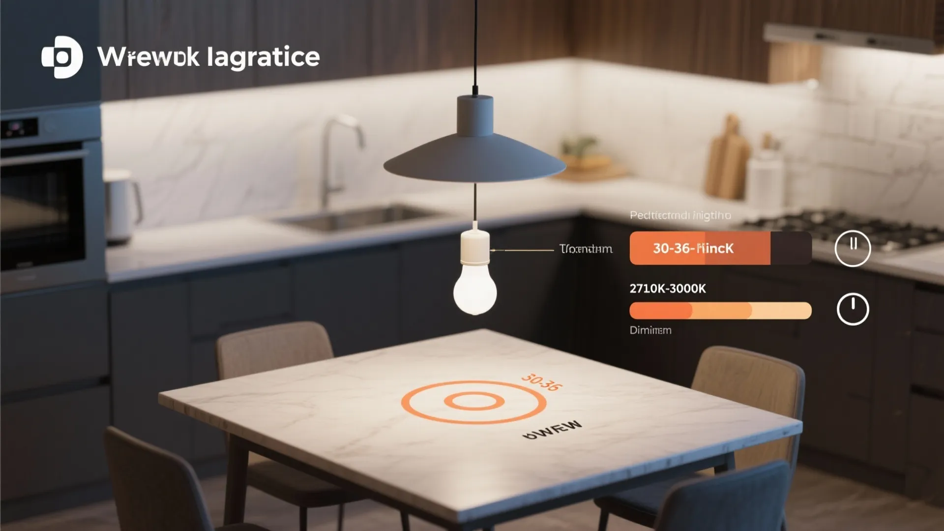 Top-down infographic on a kitchen table showing pendant height guidance and warm bulb color swatches.