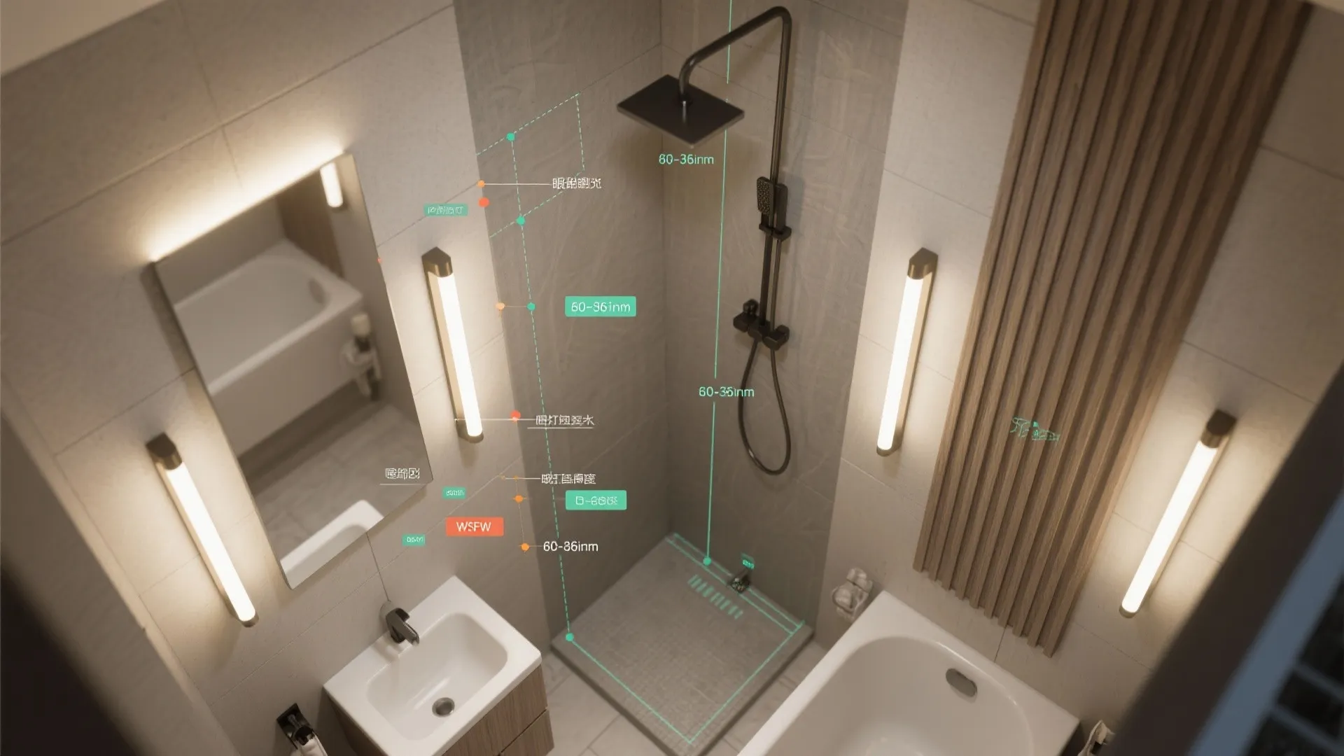Top-down diagram of sconce placements, recommended heights, and IP-zone highlights for a small bathroom.