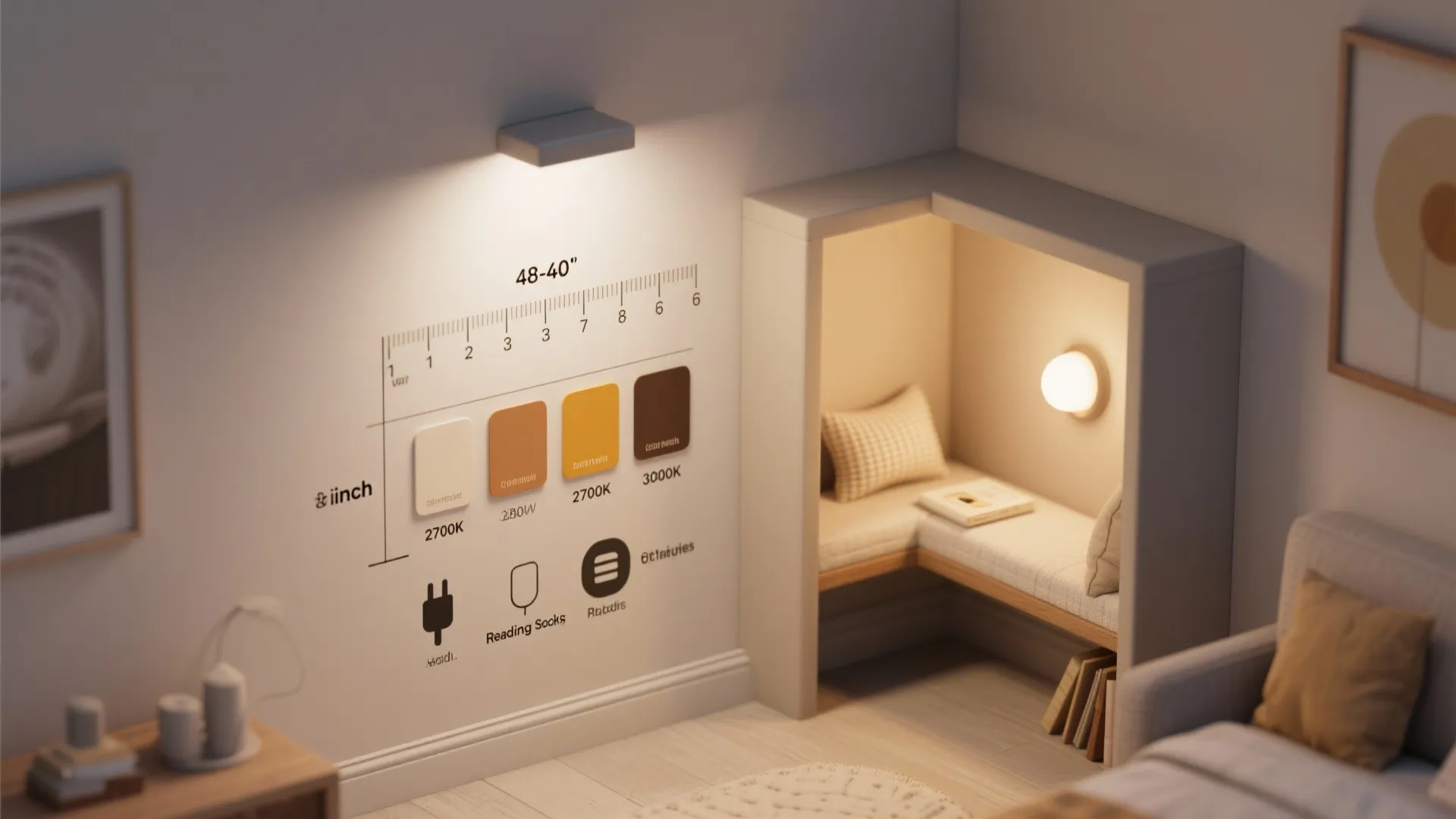 Top-down diagram showing mounting heights and color temperature swatches for reading lights
