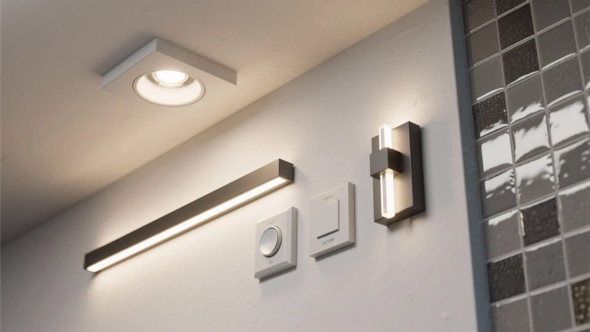 White wall with ceiling light wall light dimmer switch and linear light fixture interior setup