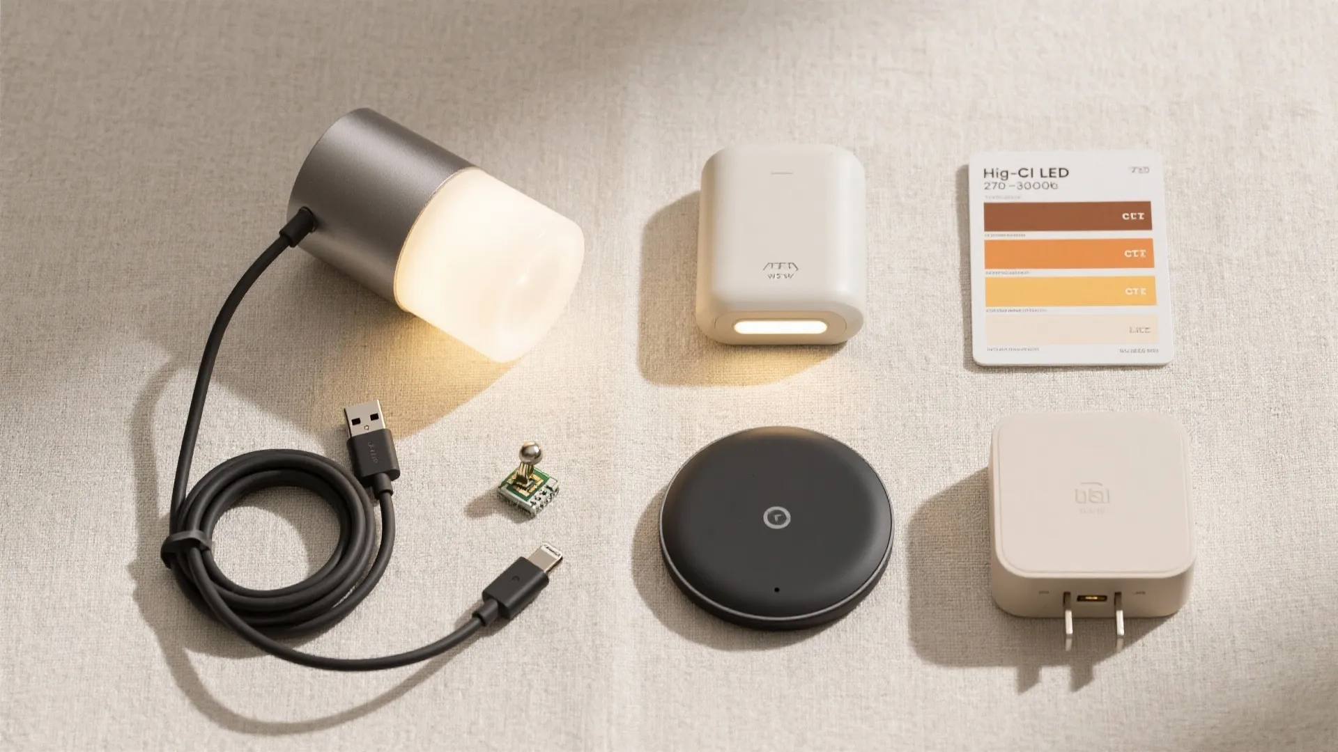 Modern light fixture parts with charging cable power adapter and warm color temperature lighting scale chart