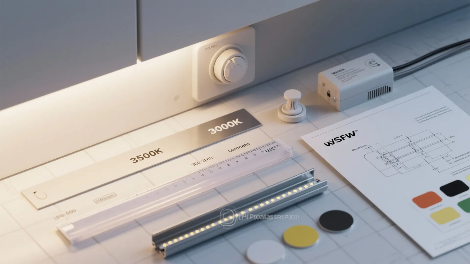 Top-down flatlay of LED strip samples, color temperature swatches, lumen scale, diffuser channel and IP65 tag illustrating FAQ points for under-cabinet lighting.