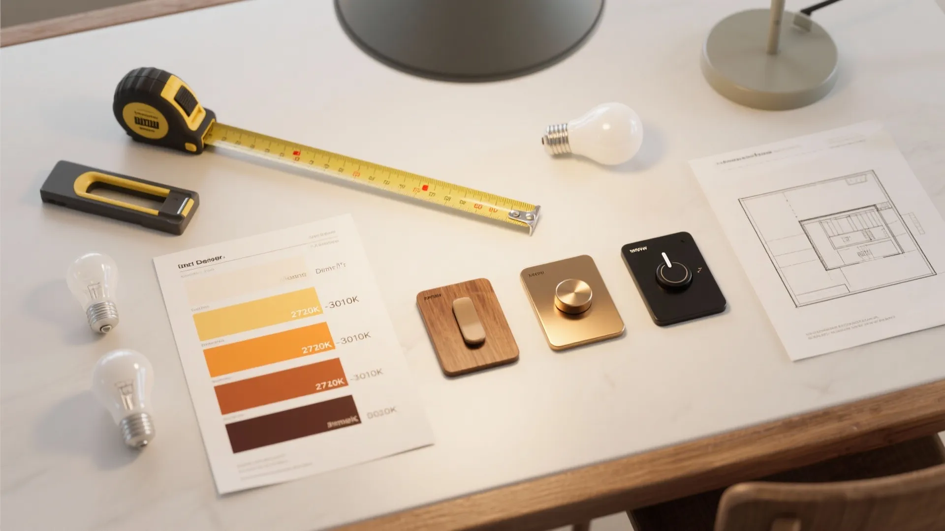 Interior design tools including a tape measure light bulbs switches and a room layout drawing
