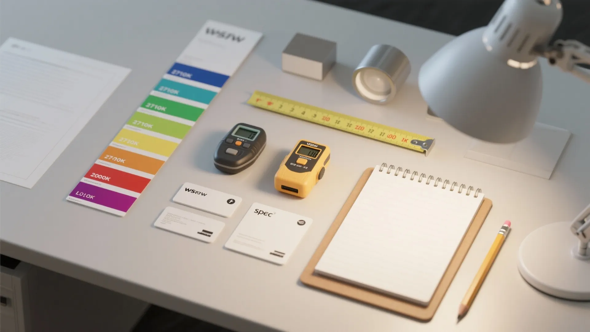 Desk with color chart notebook measuring tape light meters and table lamp for lighting design