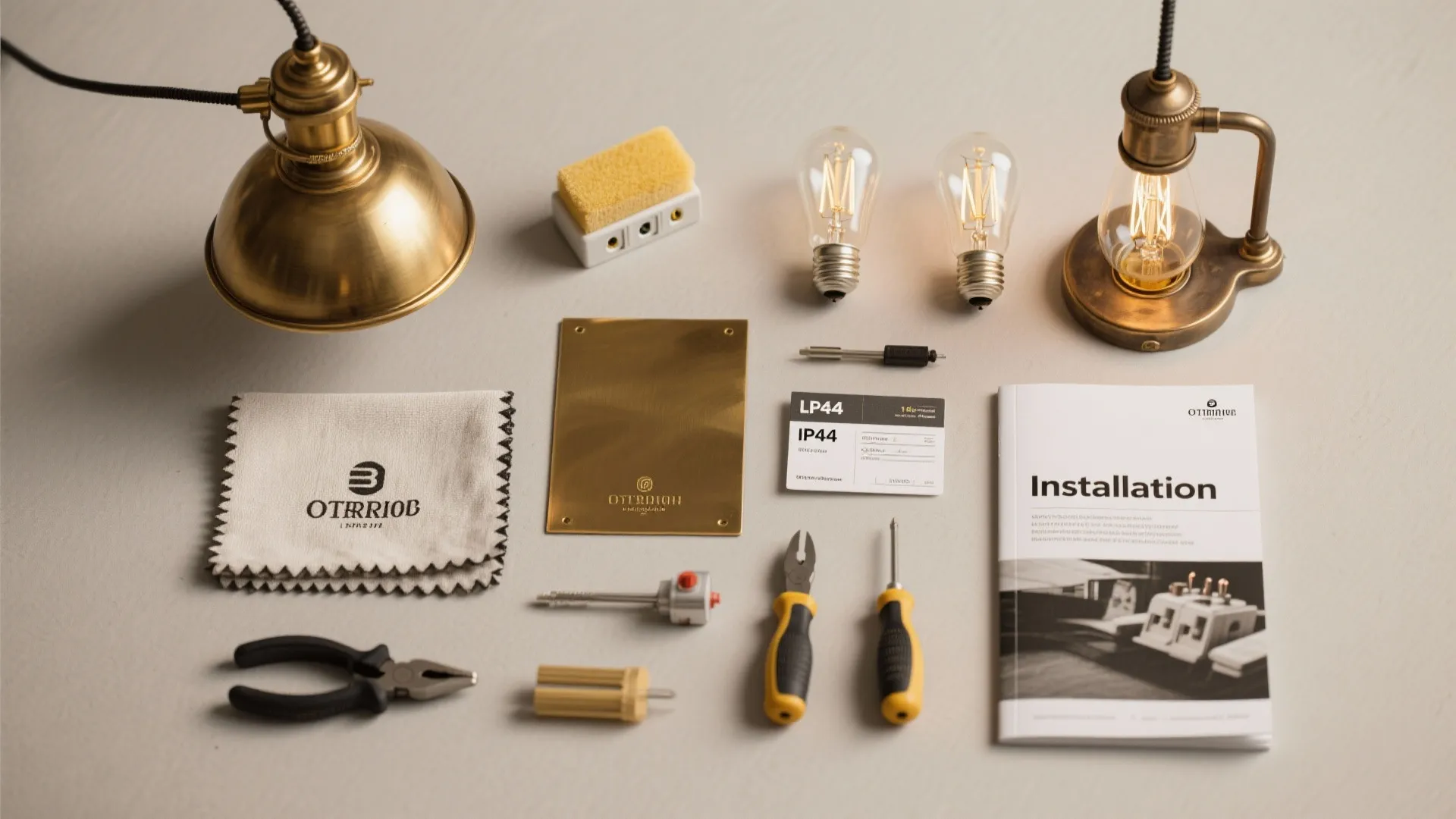 Flatlay showing maintenance items, IP rating card, and LED bulbs for vintage wall lights