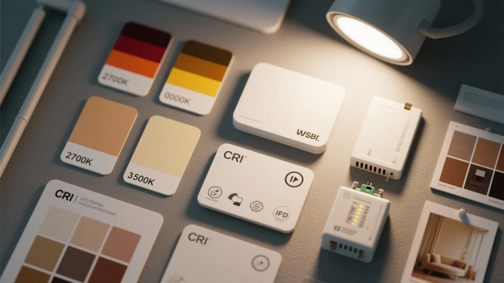 Desktop view of color sample cards and light equipment showing different indoor lighting temperature options