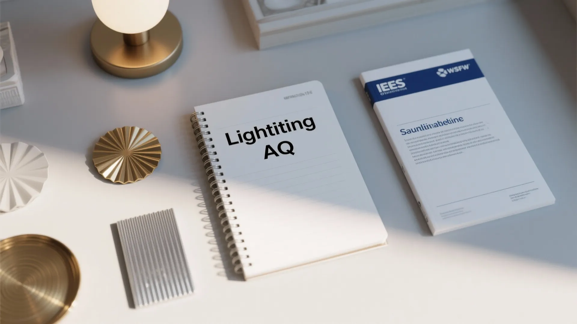Top-down layout with lighting FAQ notepad, material samples and an IES guideline booklet