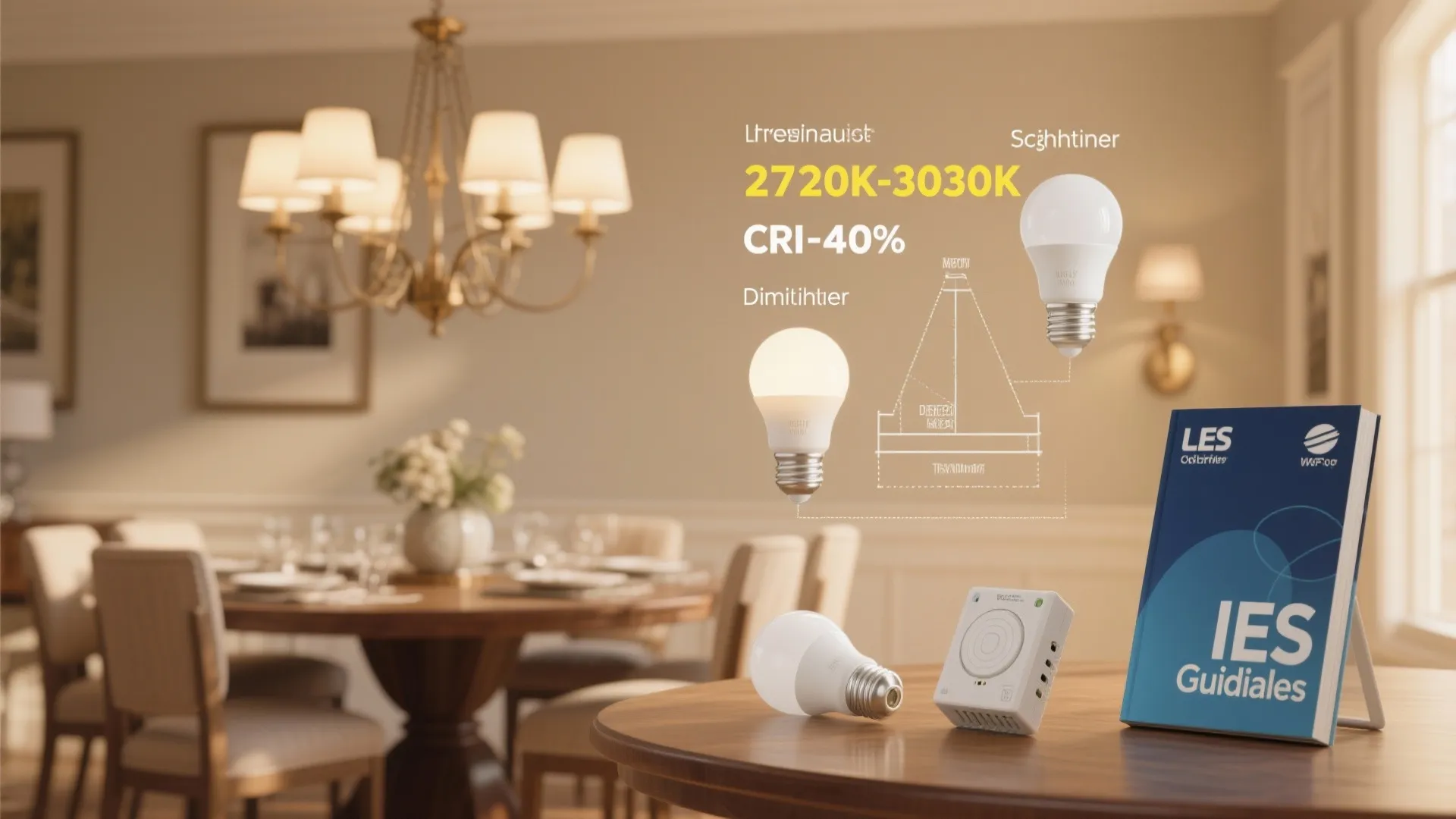 Dining room with ceiling light bulbs on table showing lighting guide book and technical information
