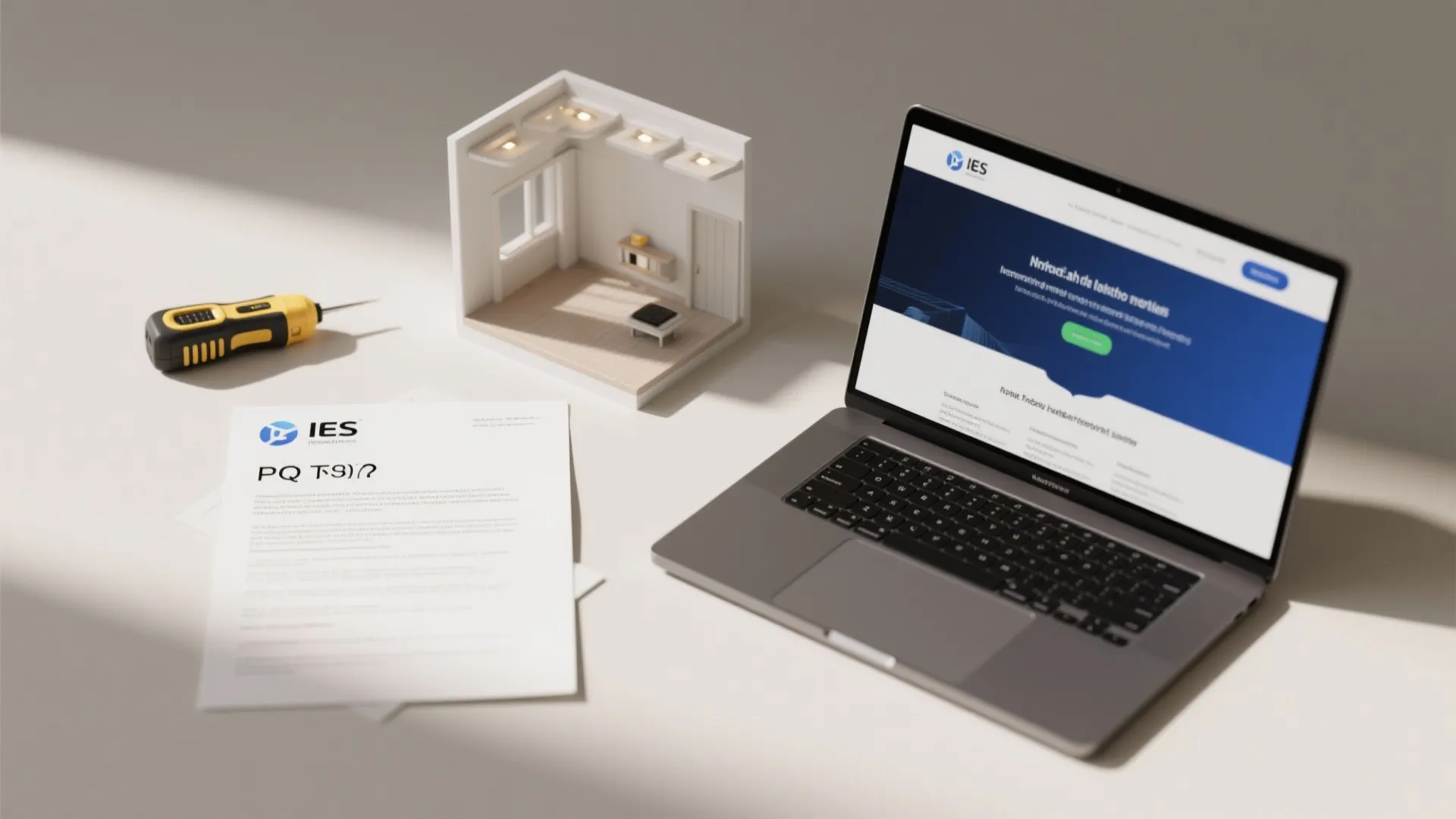 Interior design drawing on a laptop screen next to a small room model and tools