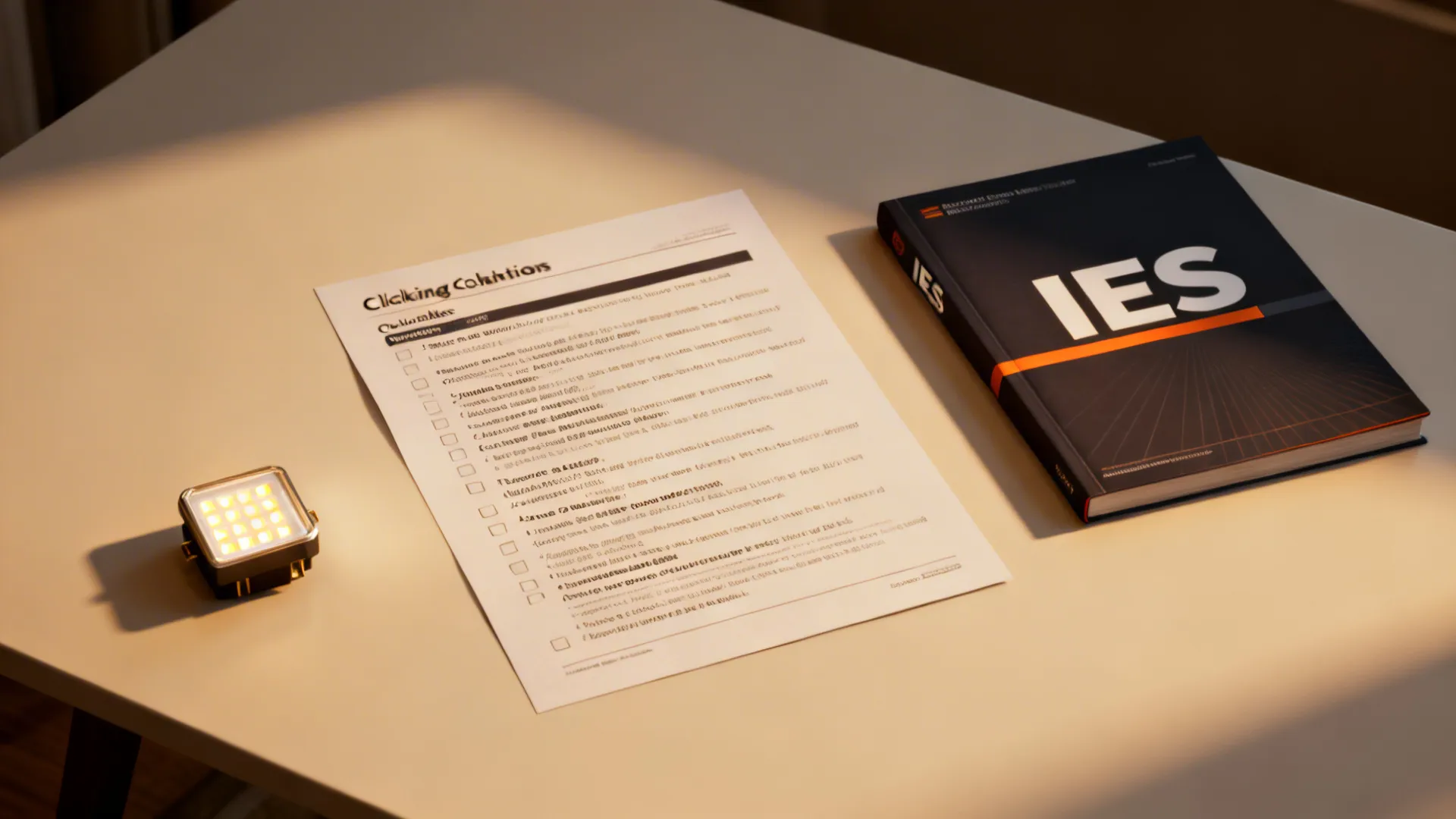 Flatlay of a lighting FAQ checklist, an LED sample, and an IES guidebook for authoritative recommendations.