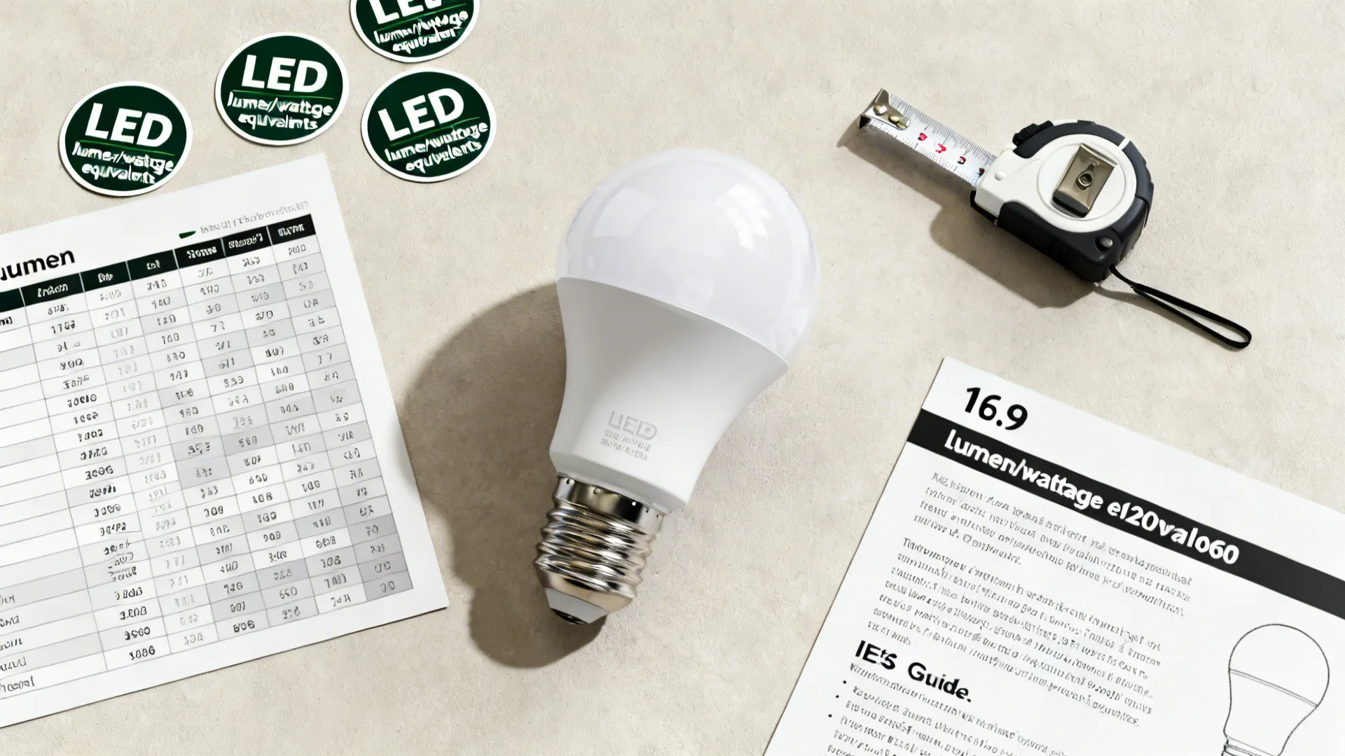 Flatlay of lumen chart, LED bulb labels, tape measure, and an IES guide excerpt for lighting reference.