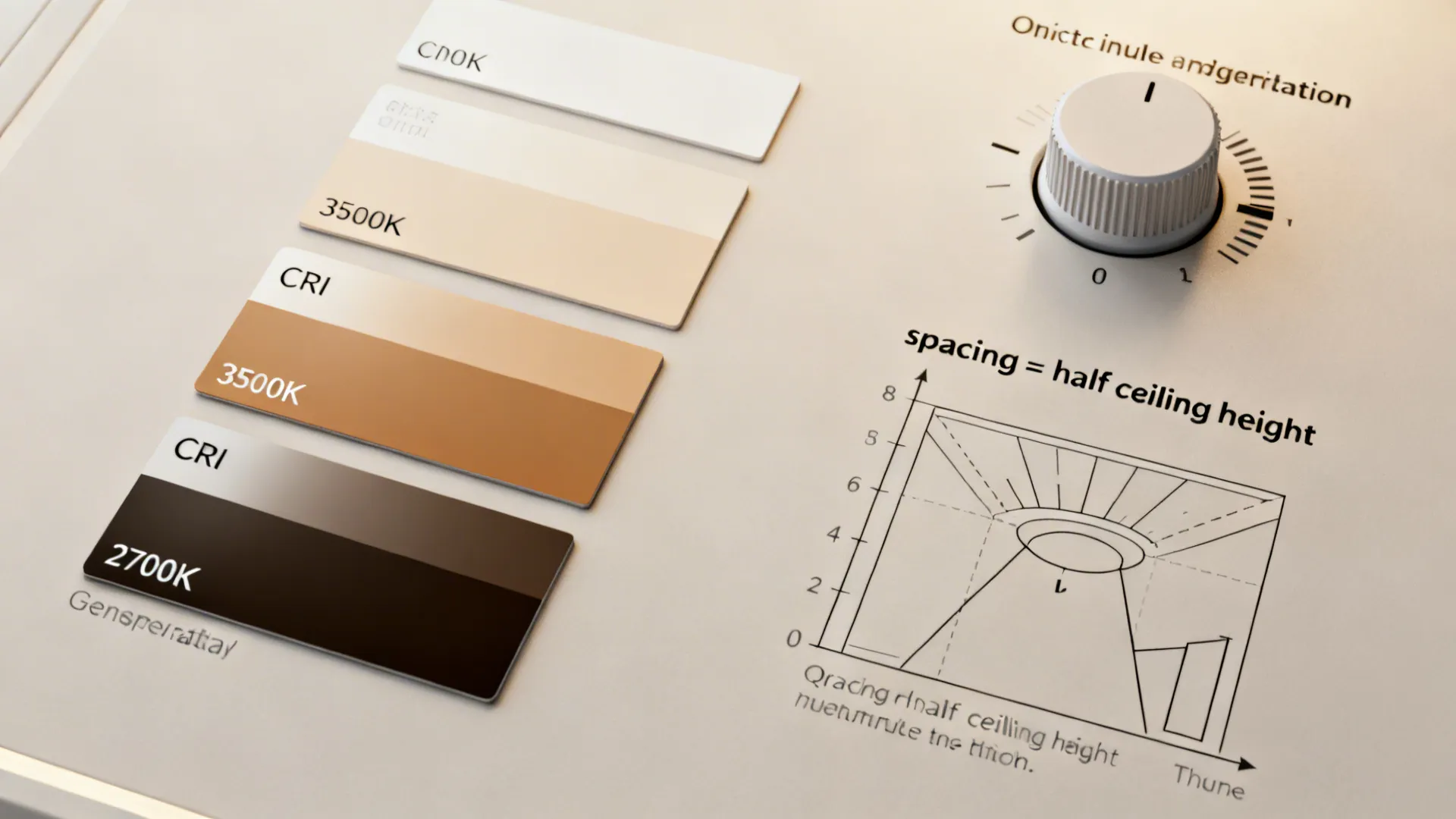 Flatlay of CRI and color temperature swatches with a dimmer and a spacing guideline diagram for recessed lights.
