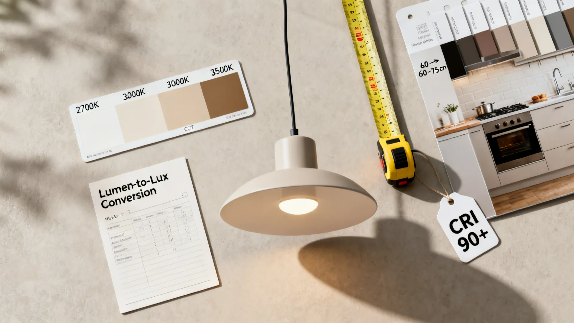 Flat lay with CCT samples, lux target notes, pendant height measure, and CRI 90+ tag for kitchen lighting.