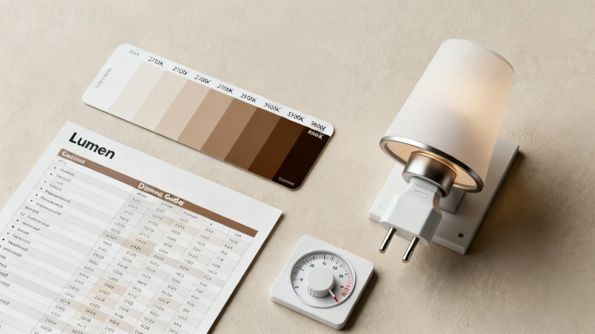 Flatlay showing color temperature swatches, lumen guide, dimmer gauge, and plug-in sconce sample for lighting FAQs.