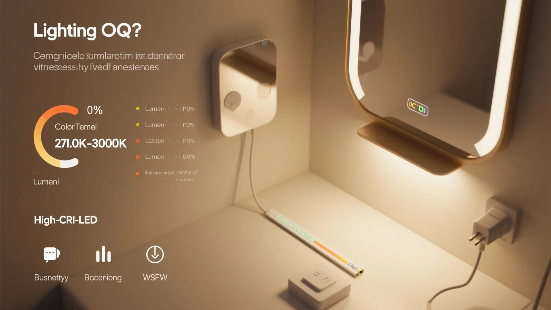Infographic showing color temperature and lighting quality technical details for a smart LED mirror light