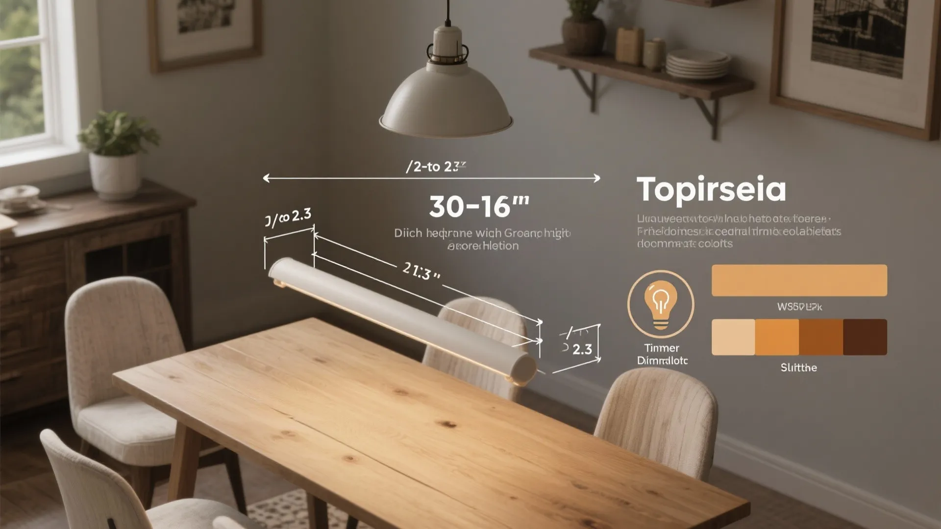 Top-down diagram illustrating fixture height, scale proportions, and warm bulb recommendations for farmhouse dining lighting.