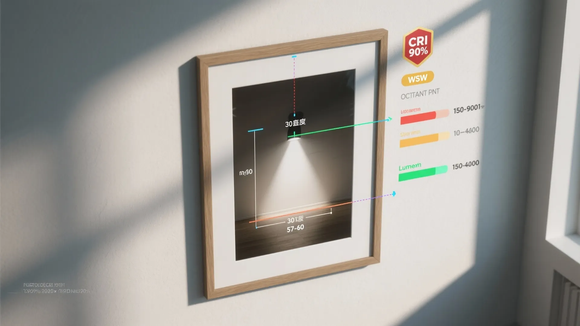 Top-down guide showing angles, heights, and lumens for picture lighting