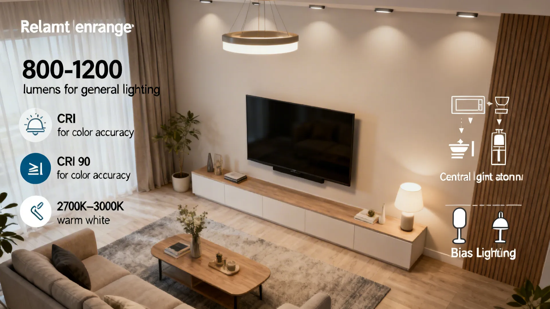 Infographic-style living room mockup showing lumen, CRI, and placement guidance for common lighting questions.