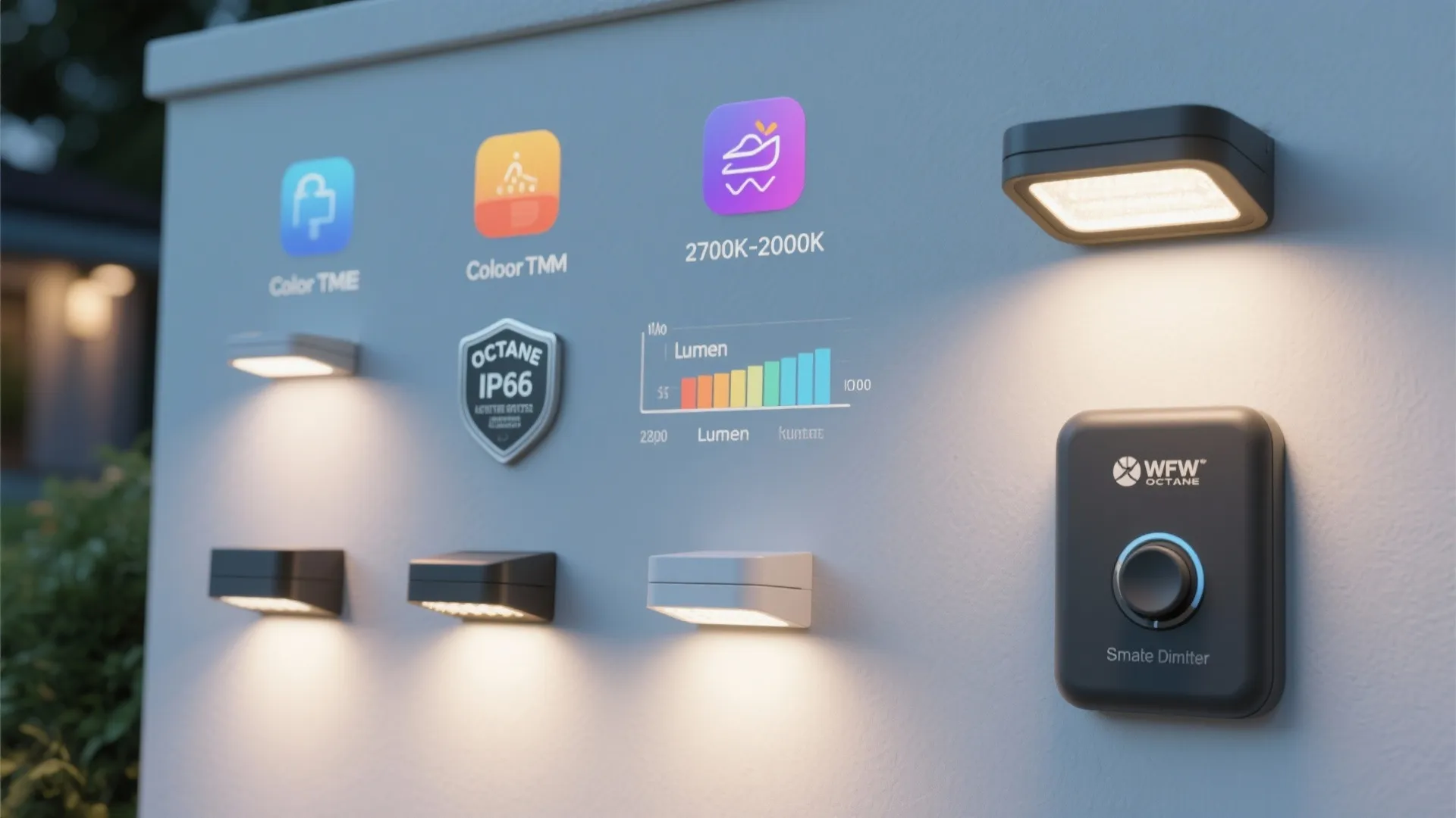 Infographic showing various wall light fixtures icons for lumen settings and outdoor smart home control