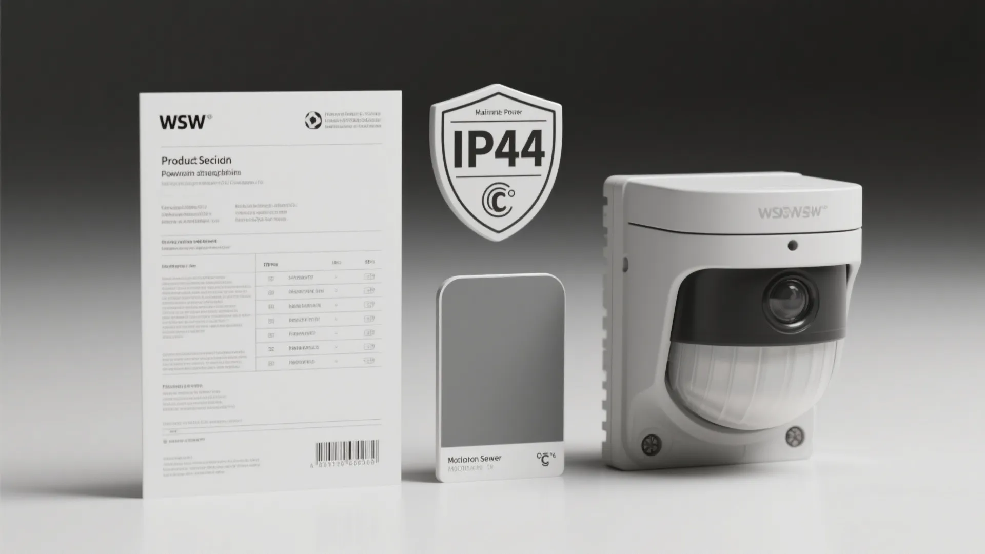 White outdoor sensor light with IP44 rating shield icon and product specification document on grey