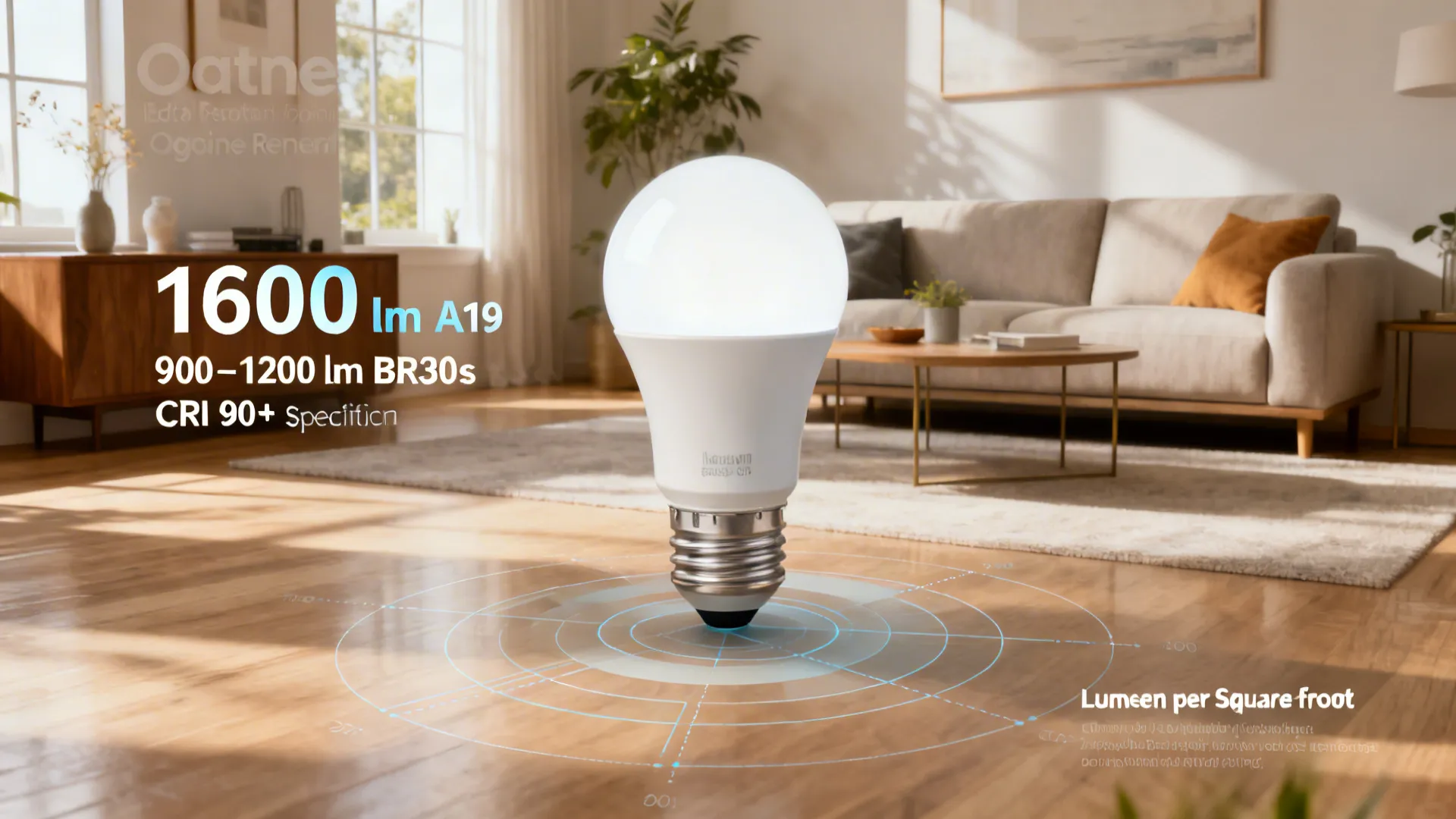 Living room scene with overlaid infographic visuals of lumen and color temperature recommendations