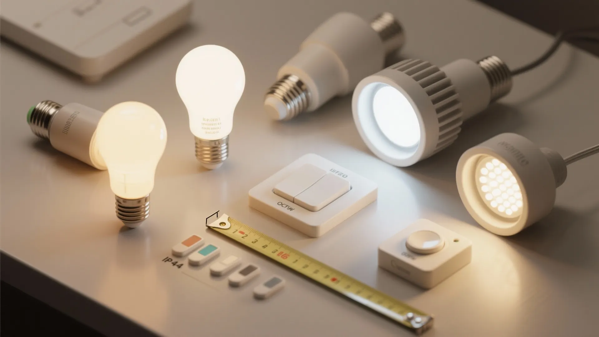 Collection of light bulbs, light switches, and measuring tape displayed on a clean white table