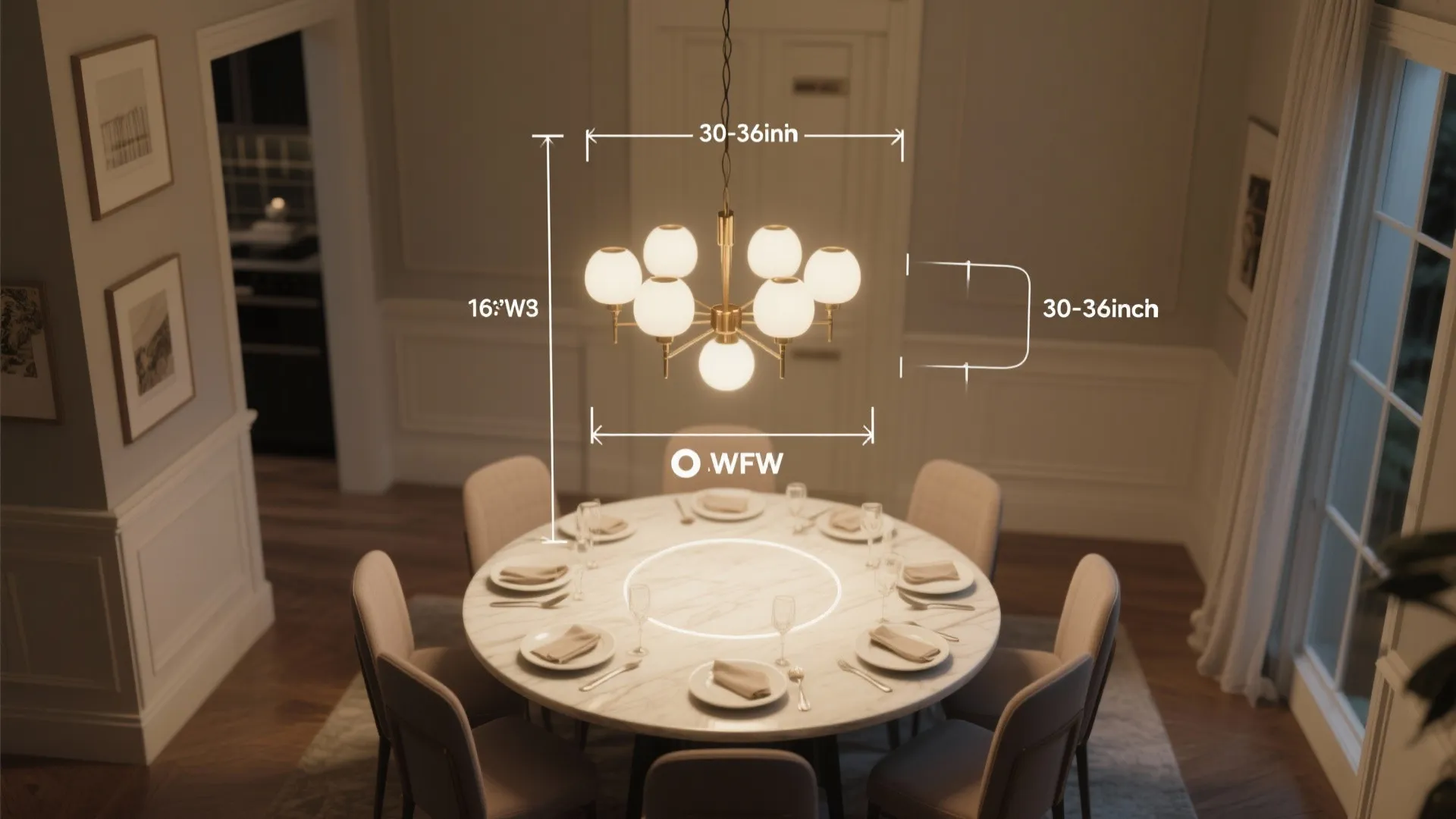 Dining room with ceiling light over round marble table and chairs including size measurement guide