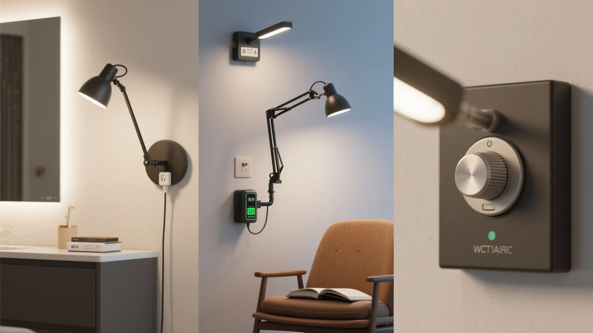Modern wall light fixture designs with adjustable arm and dimmer switch shown in three different scenes