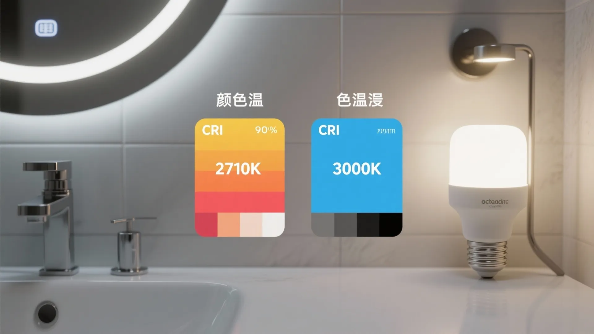 Montage of color temperature swatches, CRI chart, and dimmable bulbs for lighting FAQ