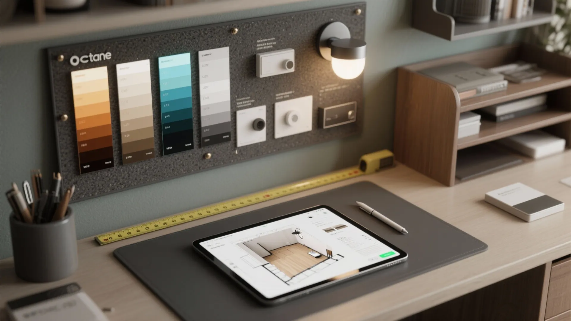 Moodboard with color temperature swatches and a 3D floor planner for kids' room lighting