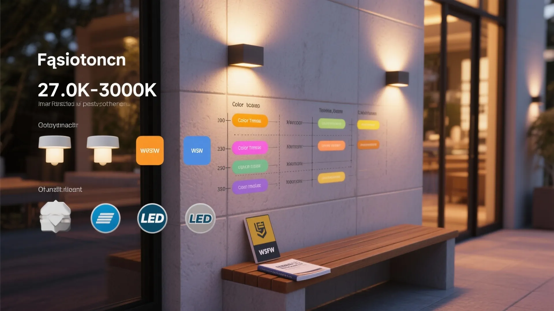 Graphic showing lighting temperature options and technical icons on a wall with outdoor light fixtures