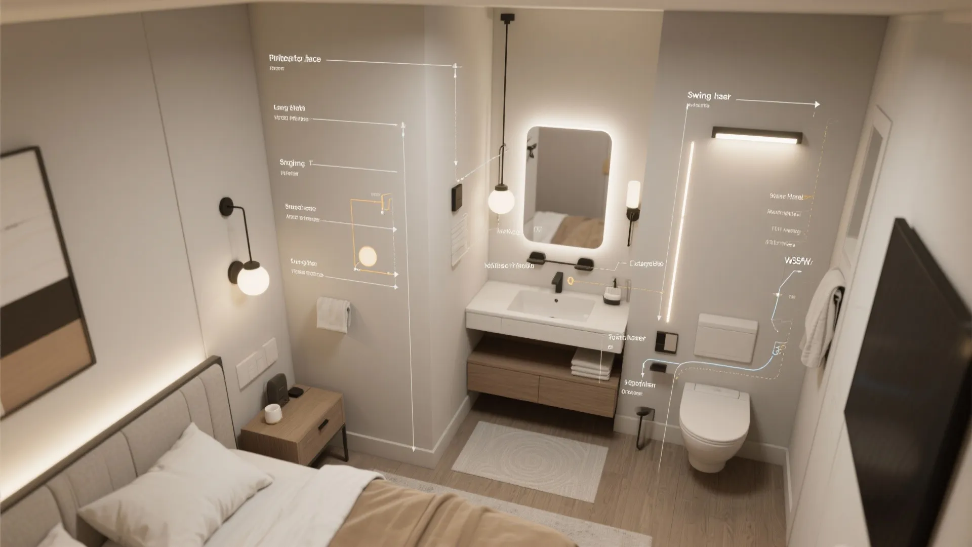 Top-down layout showing optimal placements and heights for various wall lights in small rooms.