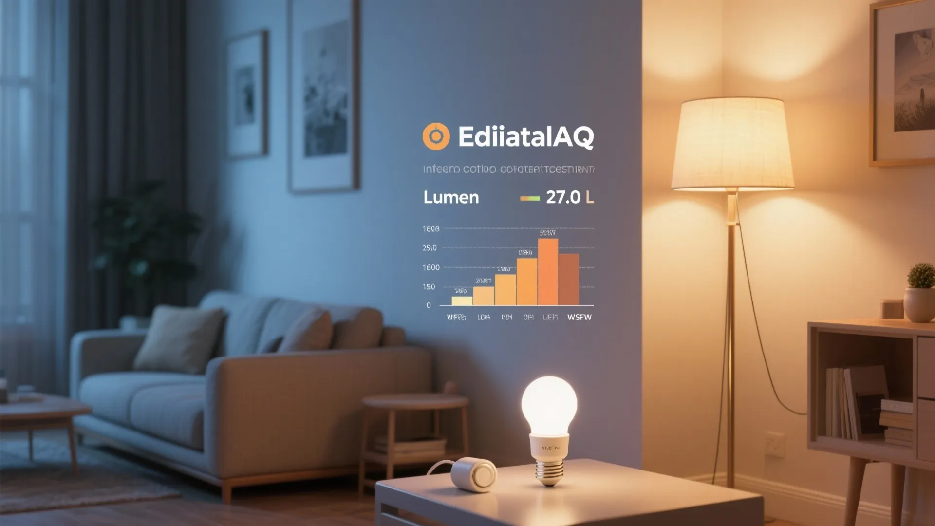 Infographic showing lumen levels with light bulb on table and floor lamp in living room